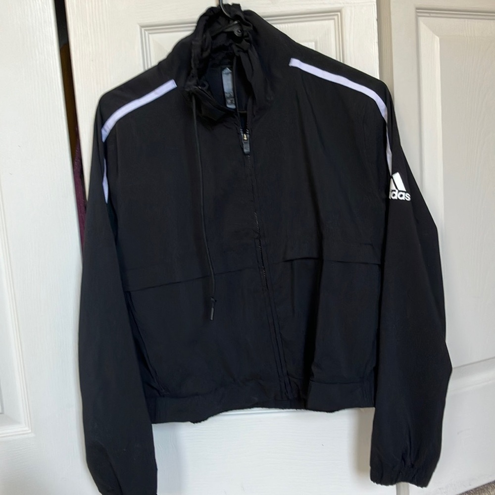 Adidas windbreaker worn once excellent condition Black logo & striped sleeve S